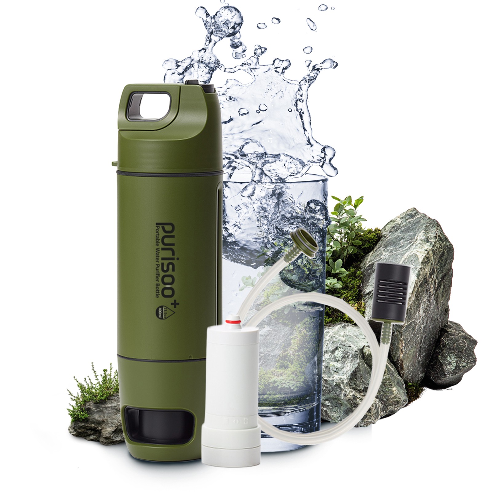 Zdjęcie produktu Butelka z systemem filtrującym Purisoo+ zielona z pompką, 400ml, filtr UF + ACF