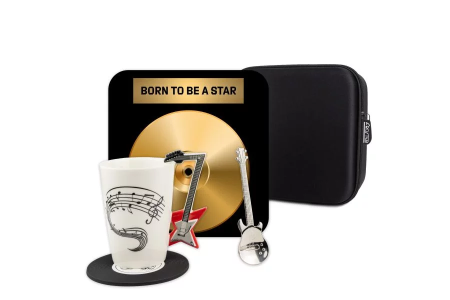 Zdjęcie produktu Kubek z gitarą - prezent dla muzyka FROSTER zestaw z podkładką i łyżeczką