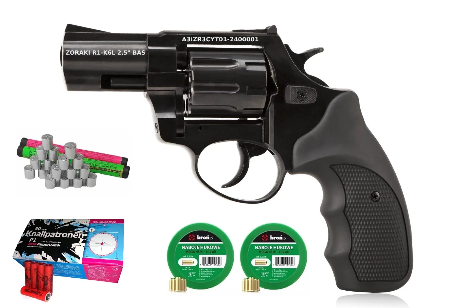 ZESTAW SYLWESTROWY - Rewolwer hukowy ZORAKI R1-K6L-BAS .22 Long Blank / 6mm long +naboje Mega Huk-200 +race huk50 +race kolor20