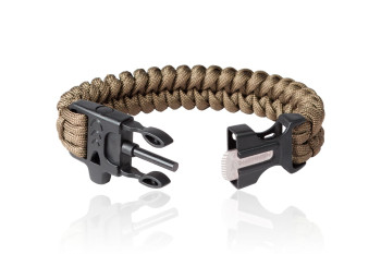 Bransoleta z paracordu Bushmen z krzesiwem i gwizdkiem, 3 m, coyote