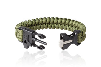 Bransoleta z paracordu Bushmen z krzesiwem i gwizdkiem, 3 m, zielona