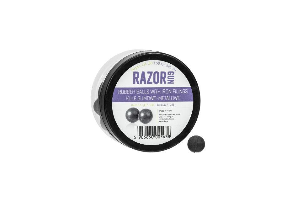 Zdjęcie przedstawia kule gumowo-metalowe RazorGun 50 kal. .50 na białym tle.