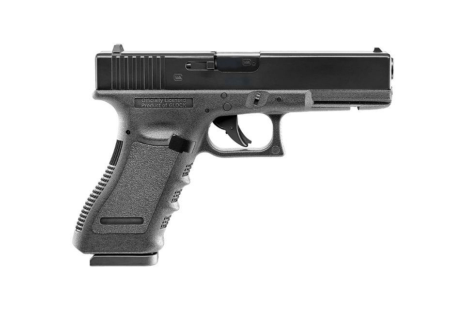 Na zdjęciu znajduje się pistolet wiatrówkowy Glock 17 5.8365 na białym tle.